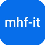Das Logo von mhf-it - weiße Buchstaben in einem blauen Quadrat